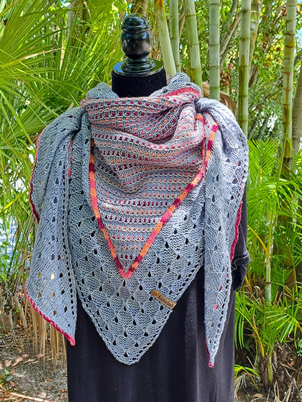 Handmade Gray Knit Triangle Shawl with Colorful Trim